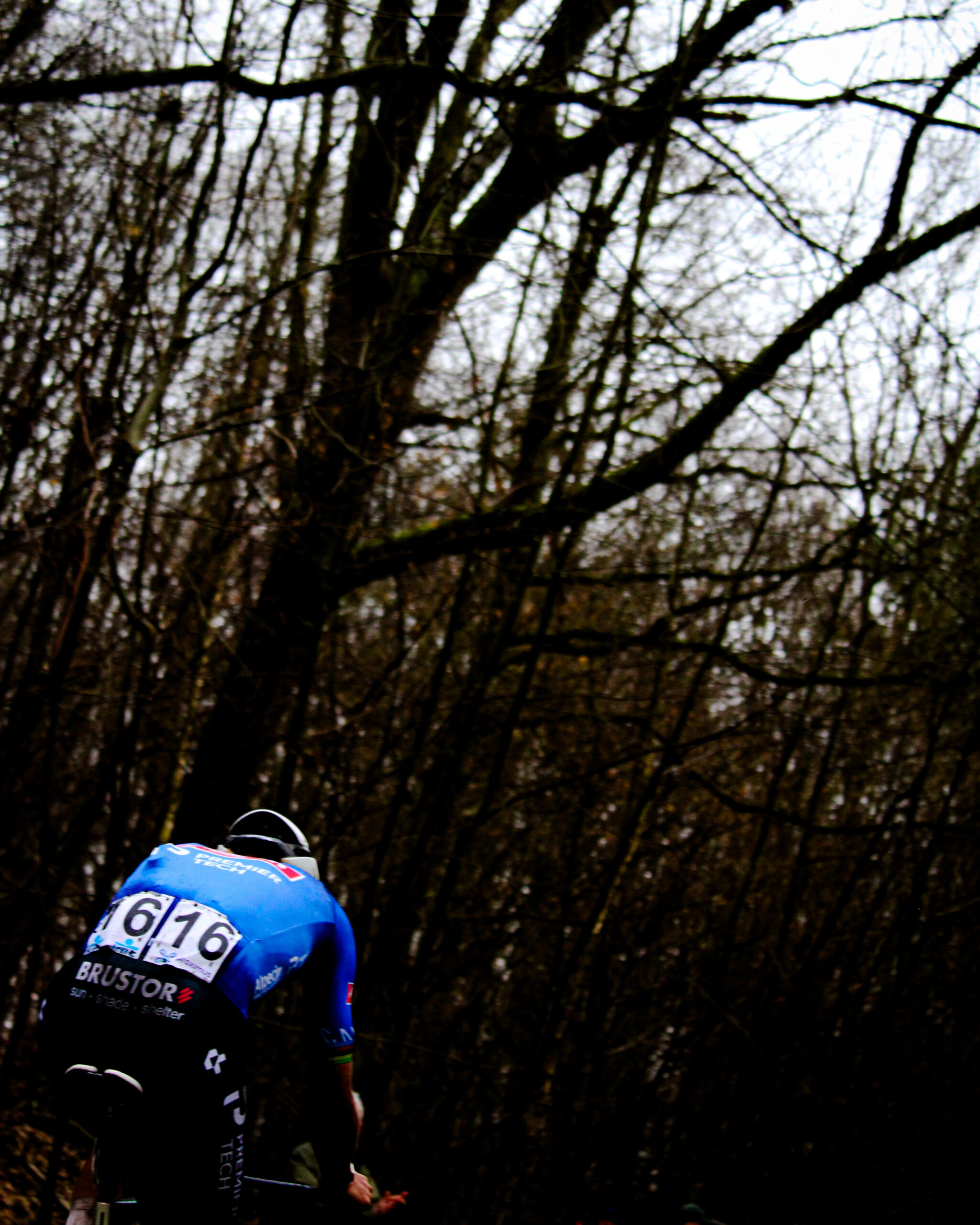 Mathieu van der Poel of Team Alpecin-Premier Tech going solo up the Bosberg during Omloop het Nieuwsblad 2026