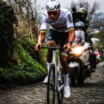 Mathieu van der Poel of Alpecin Deceuninck attacking at the Oude Kwaremont during E3 Saxo Classic 2024
