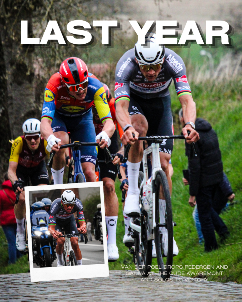 Mathieu van der Poel attacking Mads Pedersen at the Oude Kwaremont during E3 Saxo Classic 2025